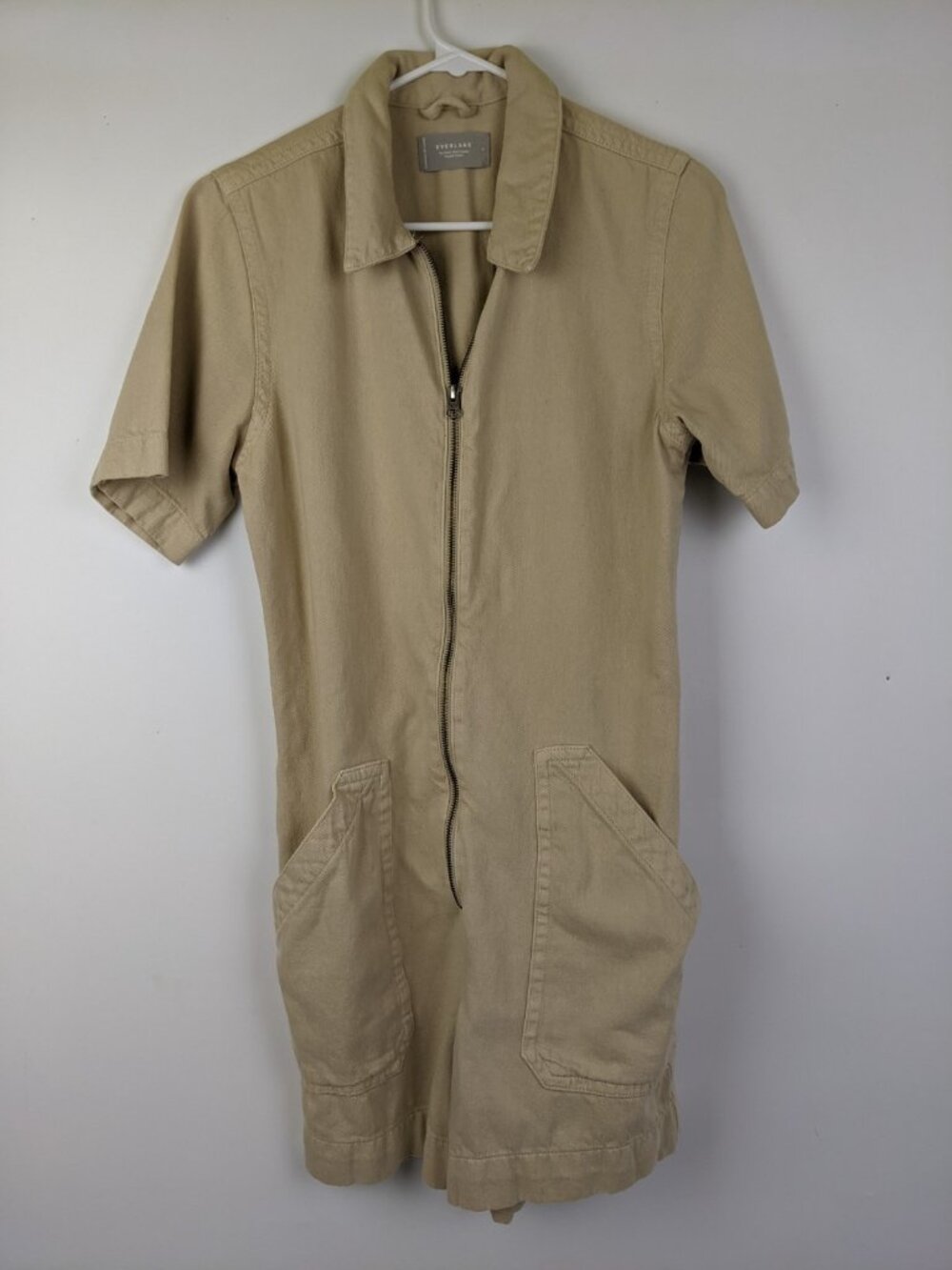 Everlane The Coverall Romper Size 6 Tan Short Sleeve Zip Front Utility Playsuit